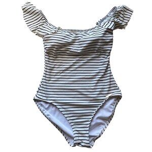 Vince Camuto Swim Suit Off The Shoulder Ruffle Striped Size 4 Women Black White